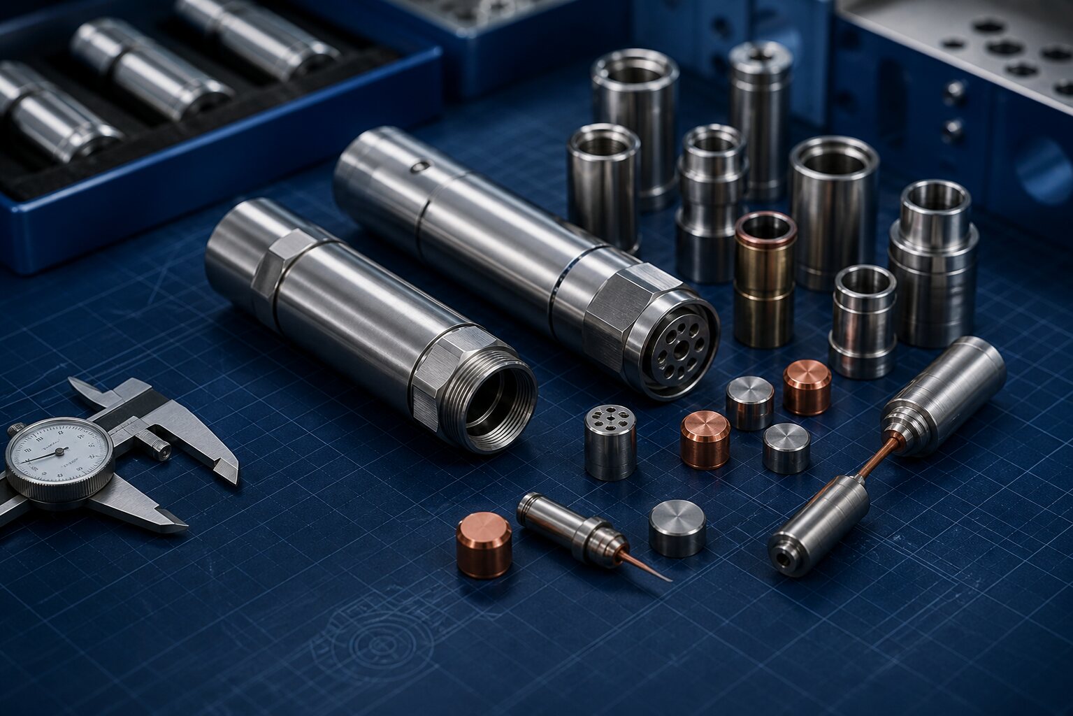 Precision engineered components arranged on a technical workbench